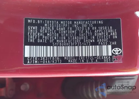 2015 Toyota Corolla Le from USA, damaged, VIN 5YFBURHE9FP351473